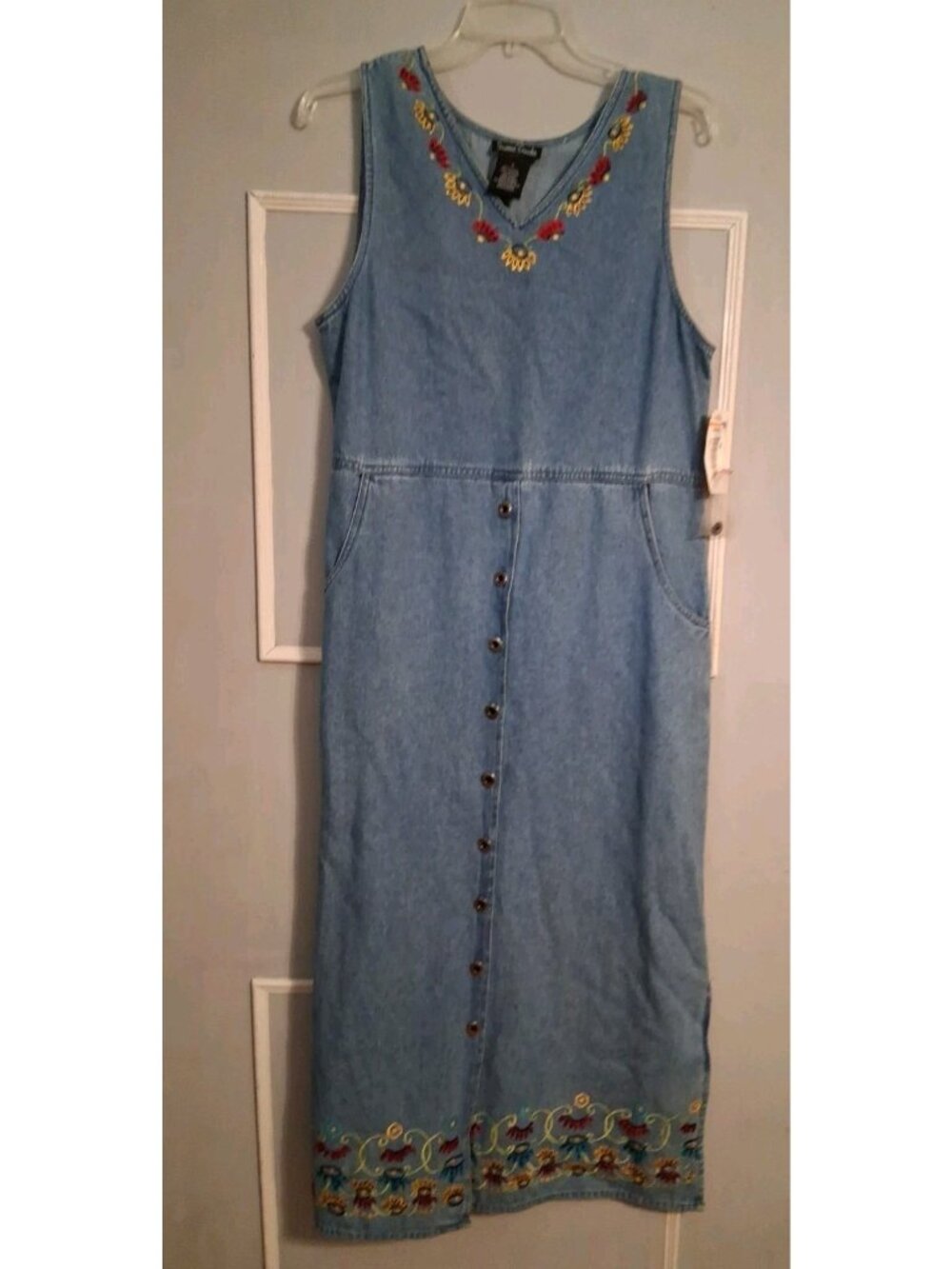 Vintage NWT Jamie Brooke Denim Embroidered Floral Maxi Dress Teacher Core S Boho